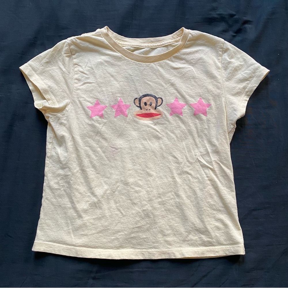 Paul Frank Cream Tee with Pink Stars and Monkey Motif